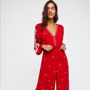Free people red embroidered jumpsuit